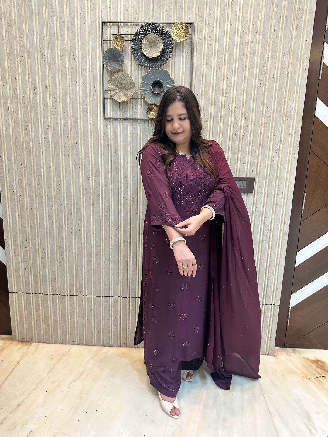 Wine Chikankari Georgette Suit Set-Custom Made