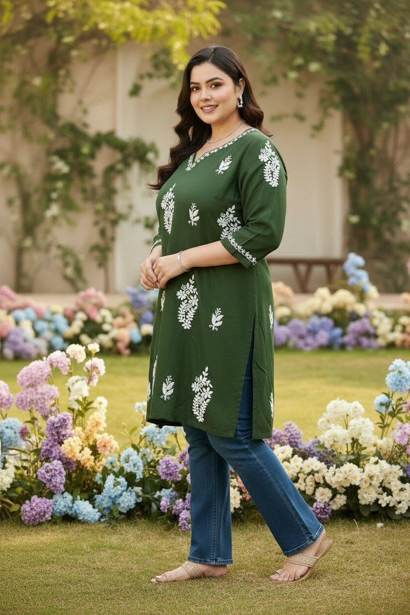 Mehndi Green Rayon Chikankari Short kurta