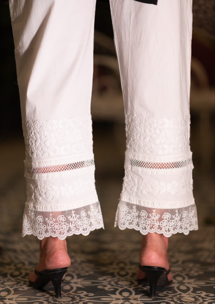 White Stretchable Cotton Chikankari Pant