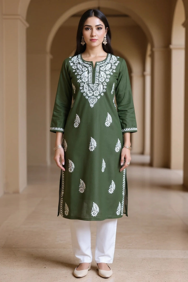 Mehndi Reyon Modal Chikankari Kurta