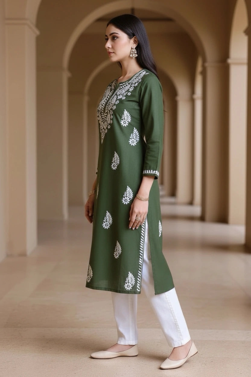 Mehndi Reyon Modal Chikankari Kurta