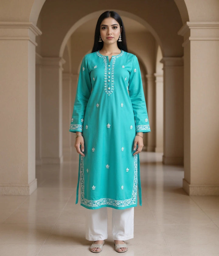 Sea Blue Rayon Chikankari kurta