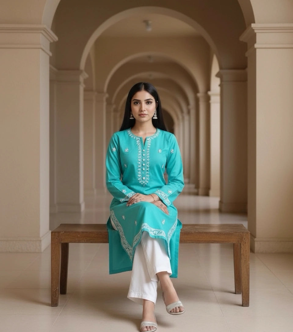 Sea Blue Rayon Chikankari kurta