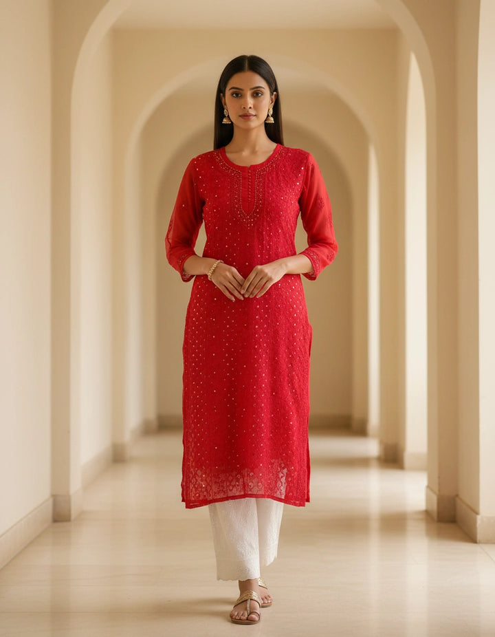 Red Georgette Chikankari kurta