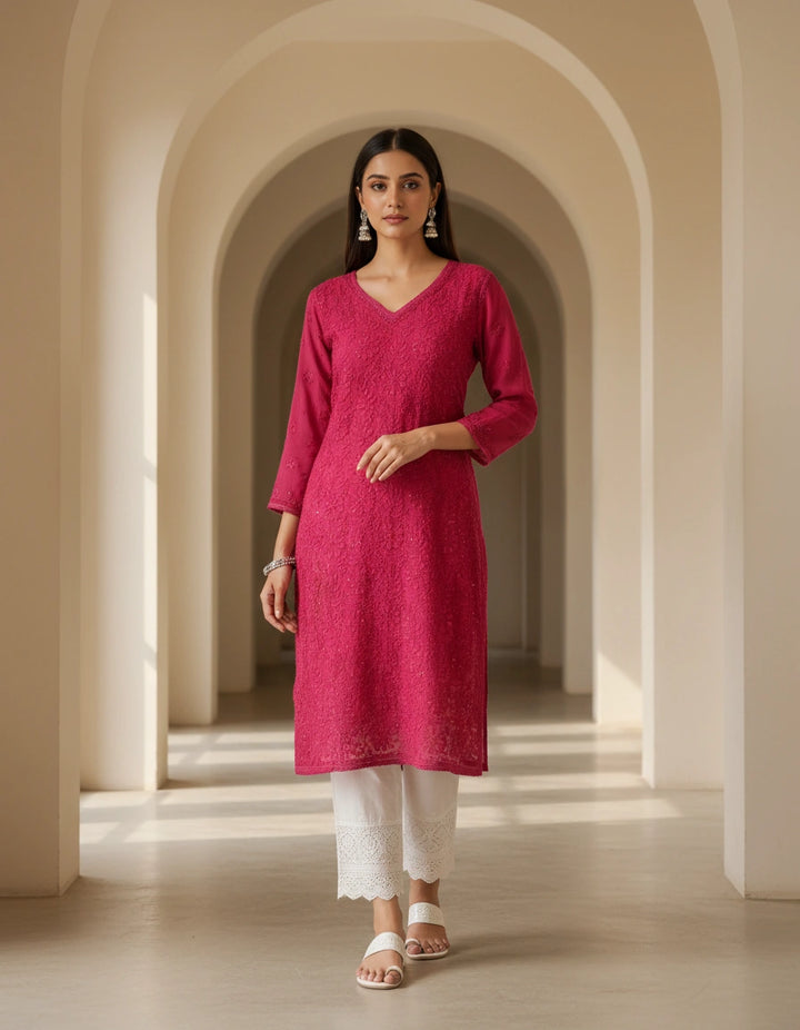 Maroon Pure Georgette Chikankari Short kurta