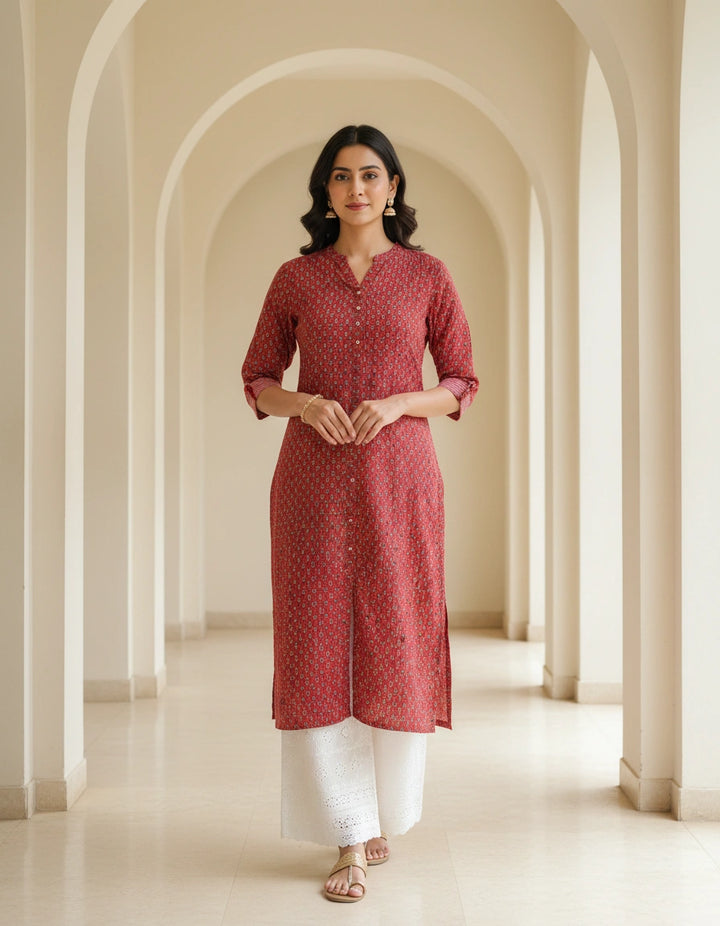 Maroon Printed Cotton Short kurta