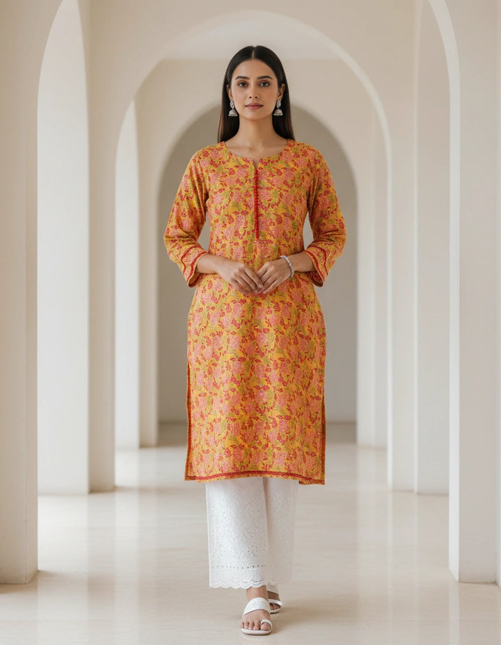 Yellow Printed Cotton Short kurta