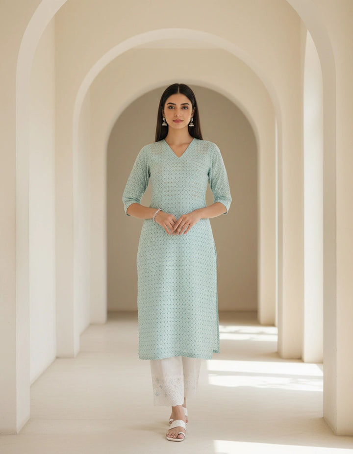 Sea Green Printed Cotton kurta