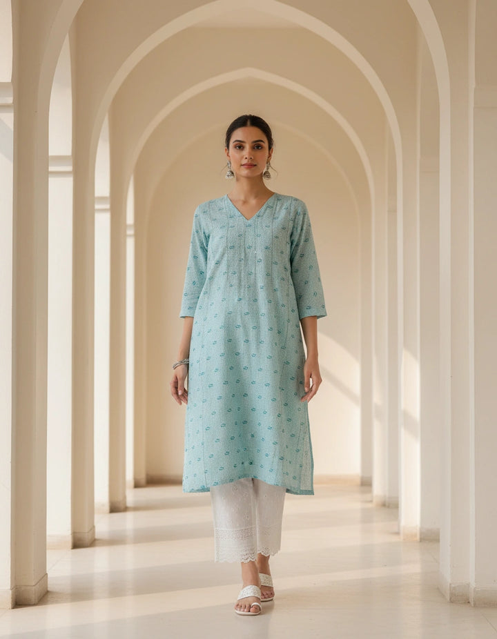 Sea Green Printed Cotton kurta