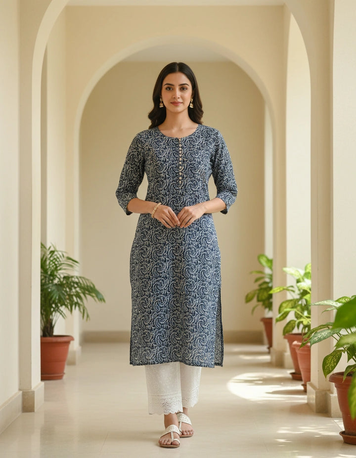 Navy Blue Printed Cotton Short kurta
