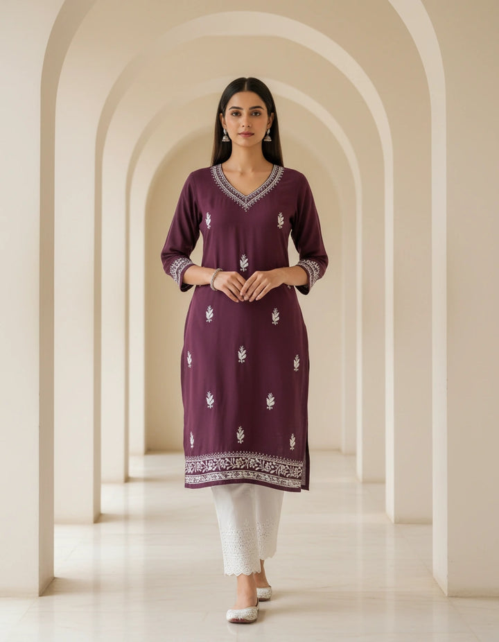Wine Rayon Chikankari Short kurta