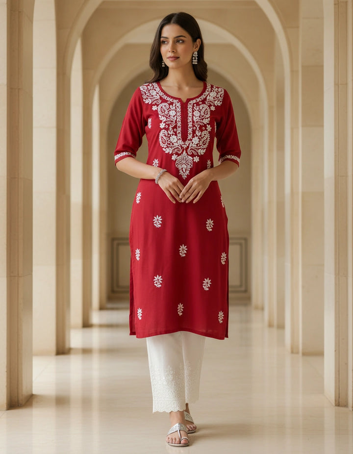 Maroon Rayon Chikankari Short kurta