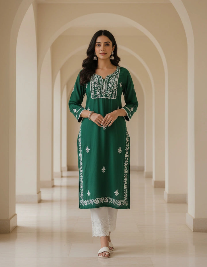 Dark Green Rayon Chikankari Short kurta