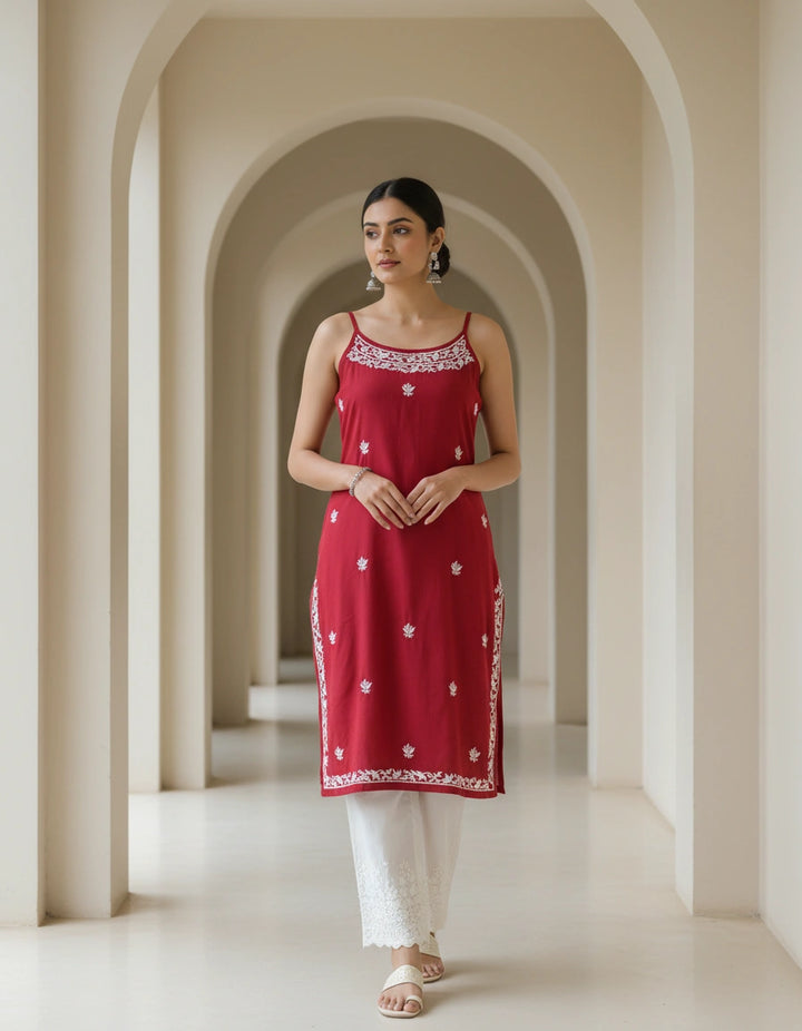 Maroon Rayon Chikankari Top