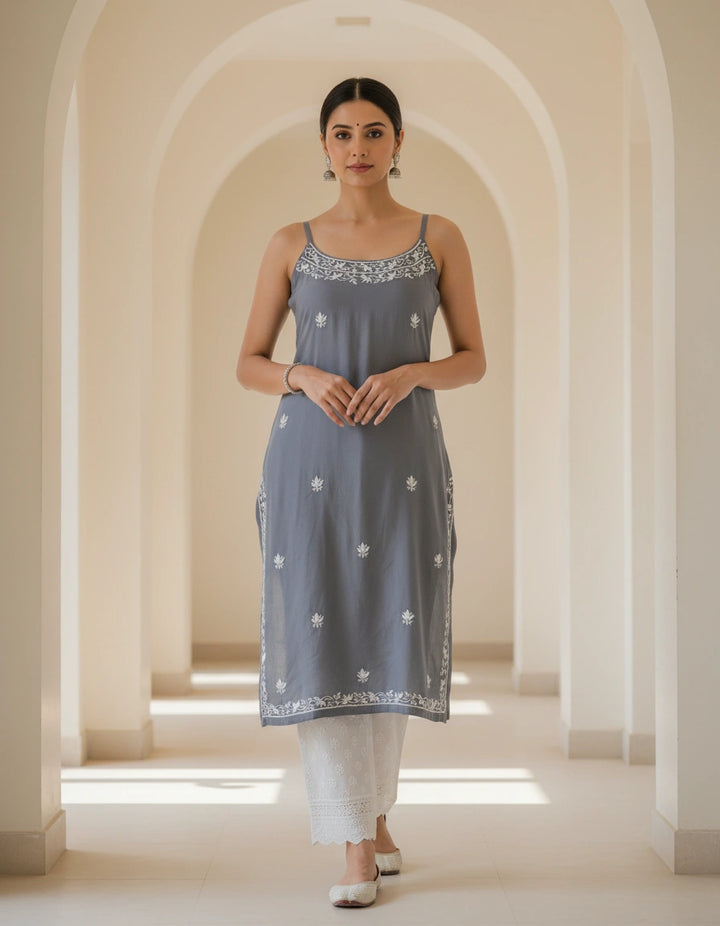 Grey Rayon Chikankari Top