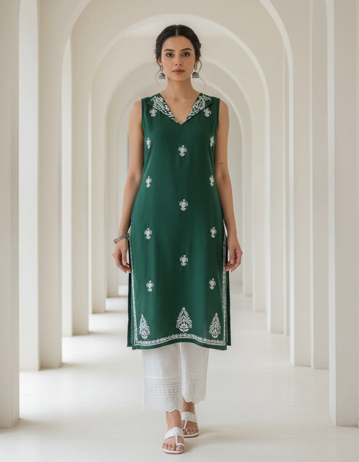 Dark Green Rayon Chikankari Short kurta