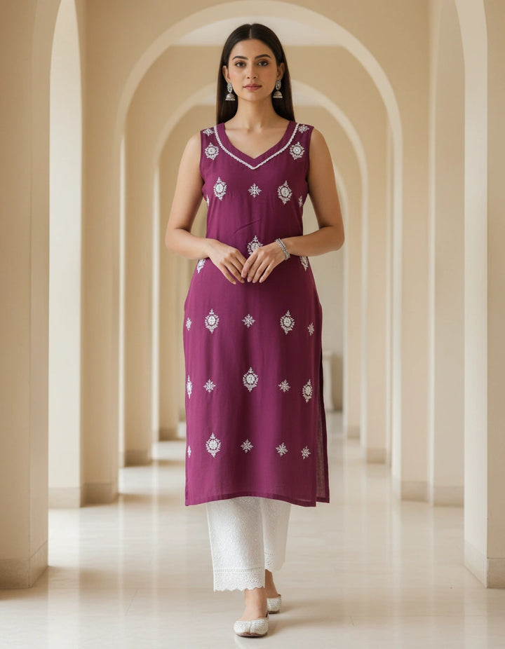 Wine Rayon Chikankari Short kurta