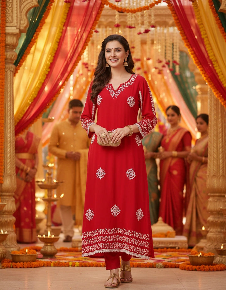 Red Rayon Chikankari kurta