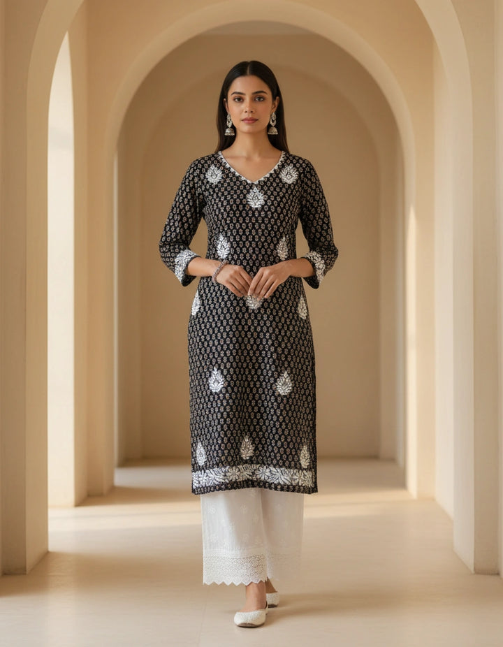 Black Printed Cotton Chikankari kurta