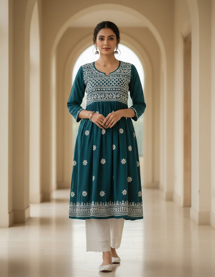 Peacock Blue Cotton Chikankari A-line kurta