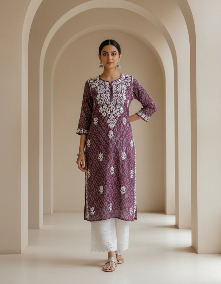 Wine Rayon Printed Chikankari kurta