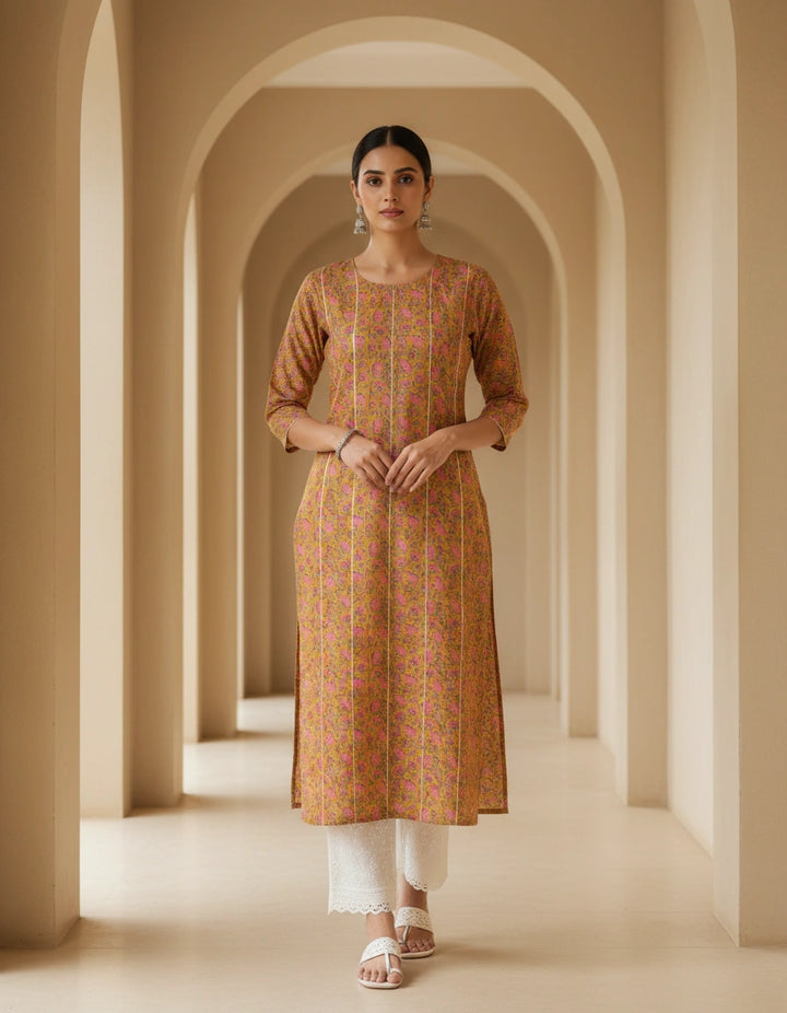 Mustard Printed Cotton kurta