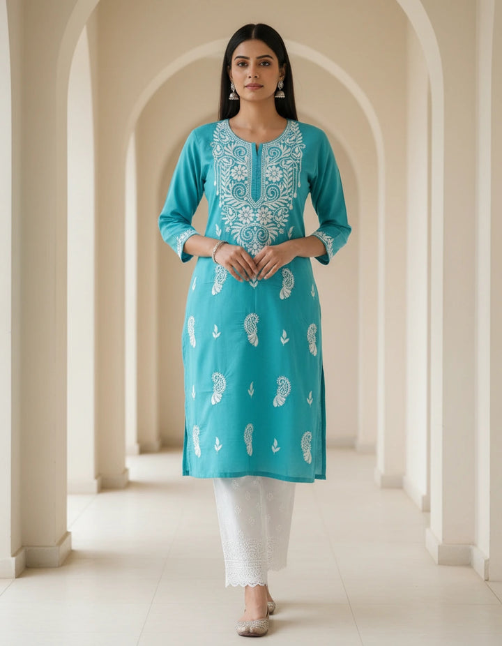 Sea Green Cotton chikankari Kurta