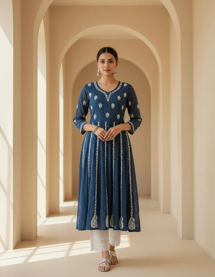 Peacock Blue Georgette Chikankari Anarkali kurta