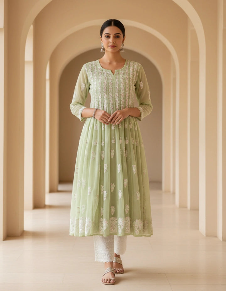 Green Georgette Chikankari Anarkali kurta