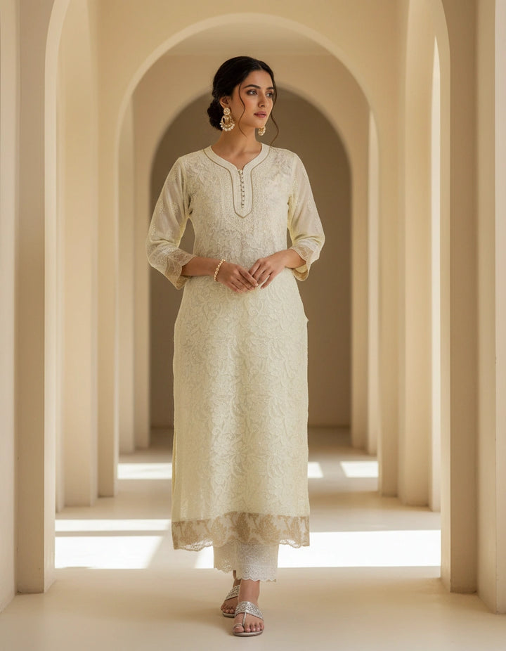 Lime green Pure Georgette Chikankari kurta