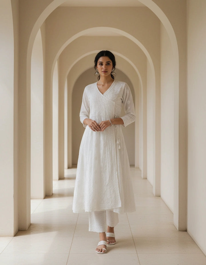 White Georgette Chikankari Agrakha Kurta
