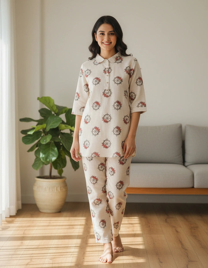 Beige Printed Cotton Co-ord Set