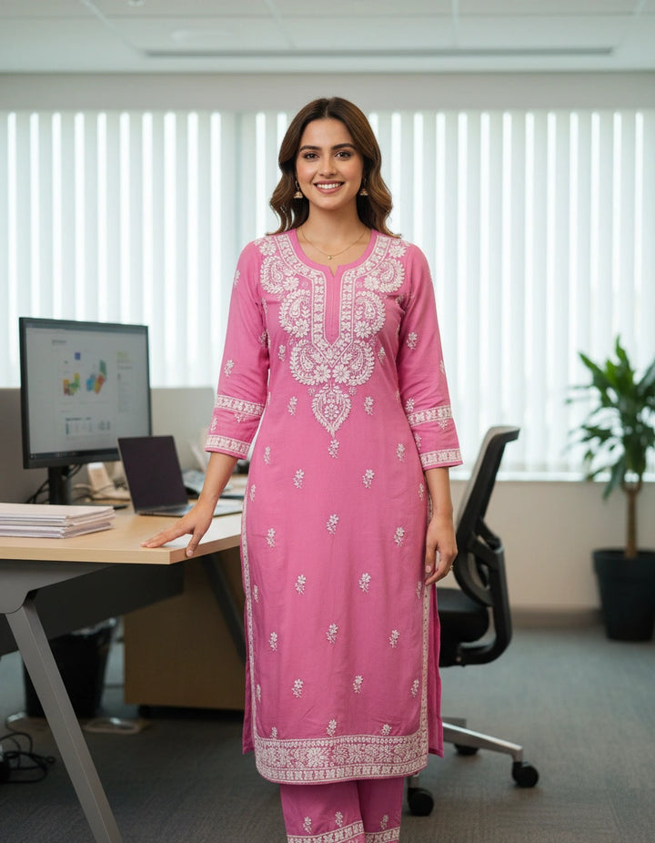 Onion Pink Rayon Chikankari Set