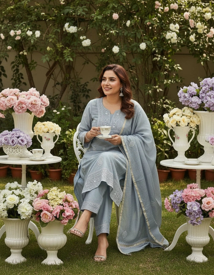 Grey Chanderi Chikankari Suit Set