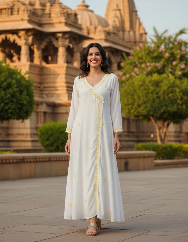 White Rayon Chikankari Angrakha Kurta- Custom Made