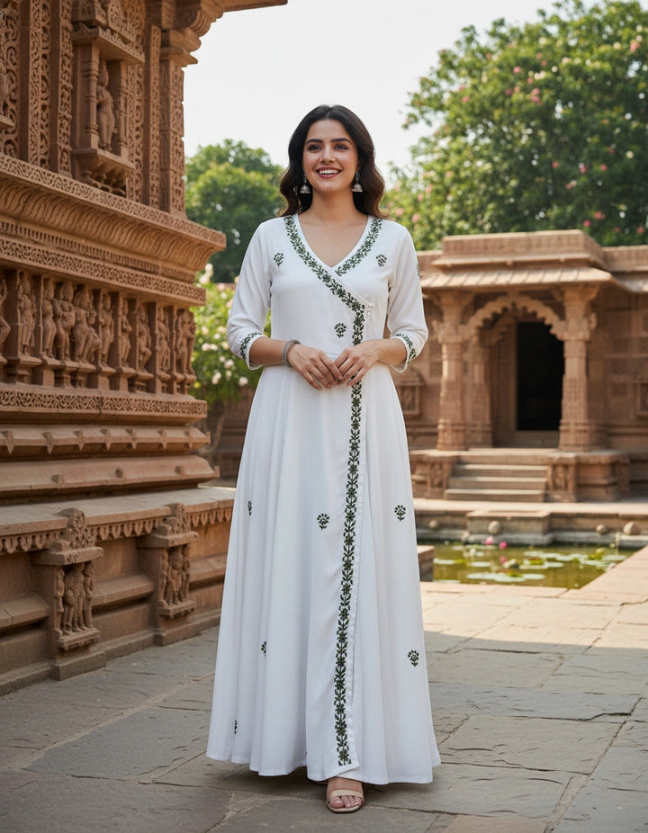 White Rayon Chikankari Angrakha Kurta