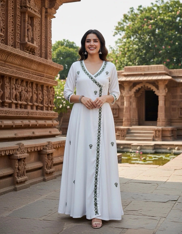 White Rayon Chikankari Angrakha Kurta