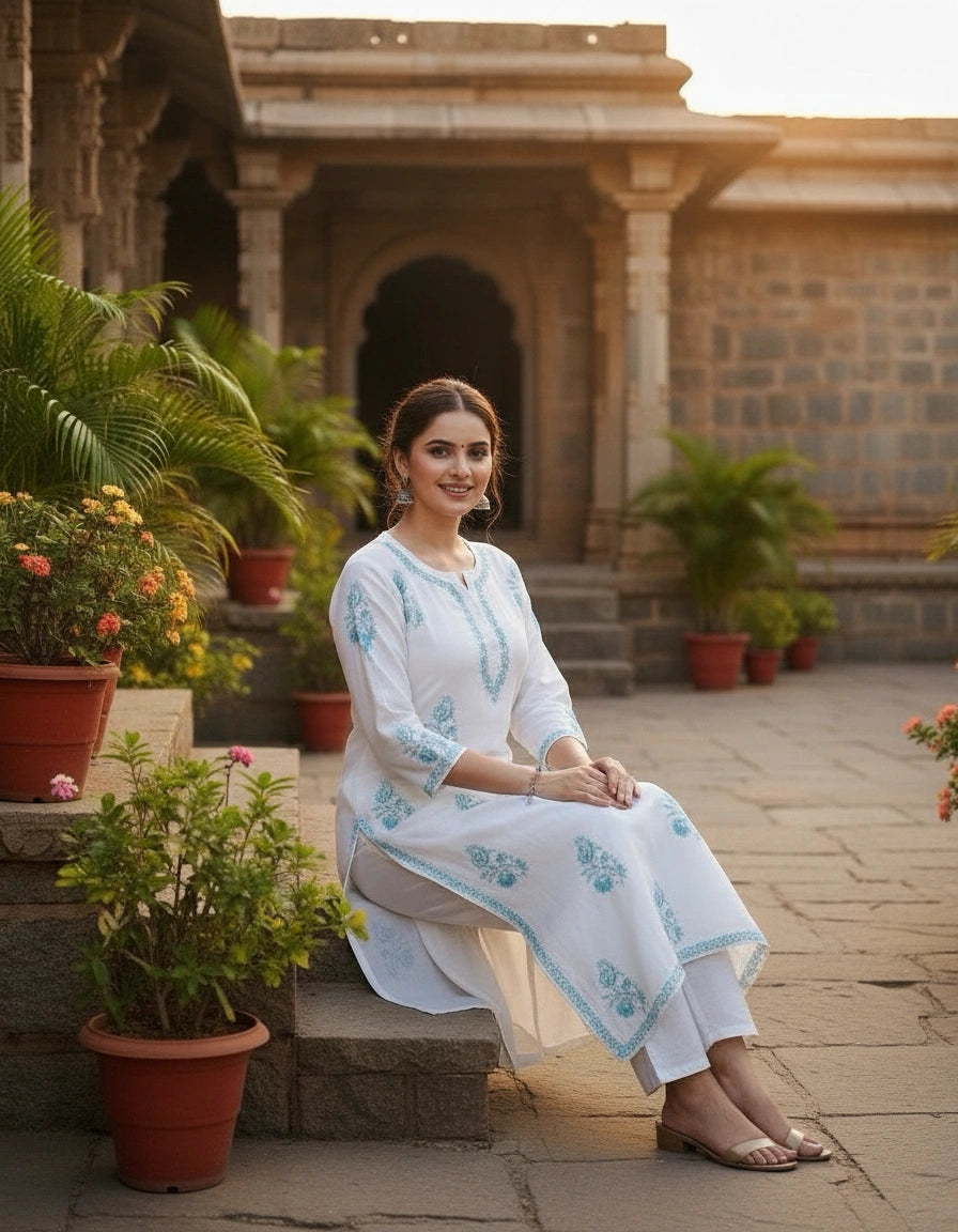 White Rayon Chikankari Kurta - Custom Made