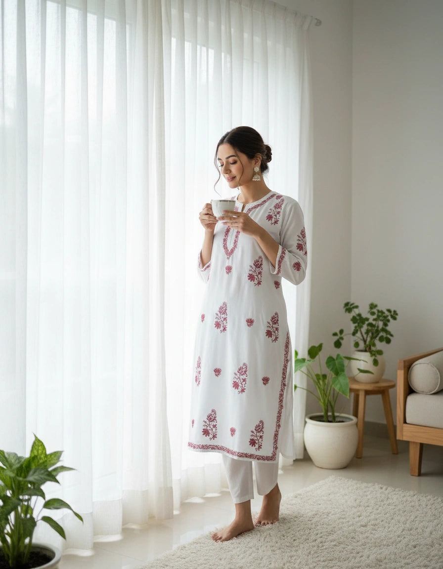 White Modal Chikankari Kurta Custom Made