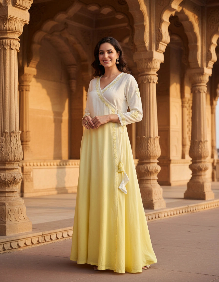 White and Yellow Modal  Angrakha Chikankari Kurta-Custom Made