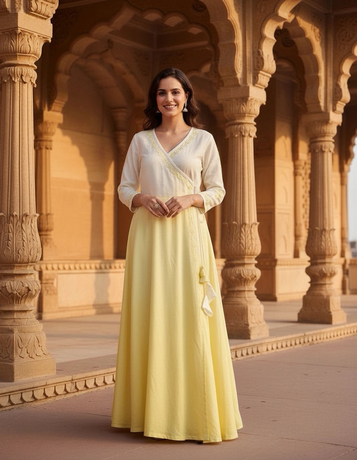 White and Yellow Modal  Angrakha Chikankari Kurta-Custom Made