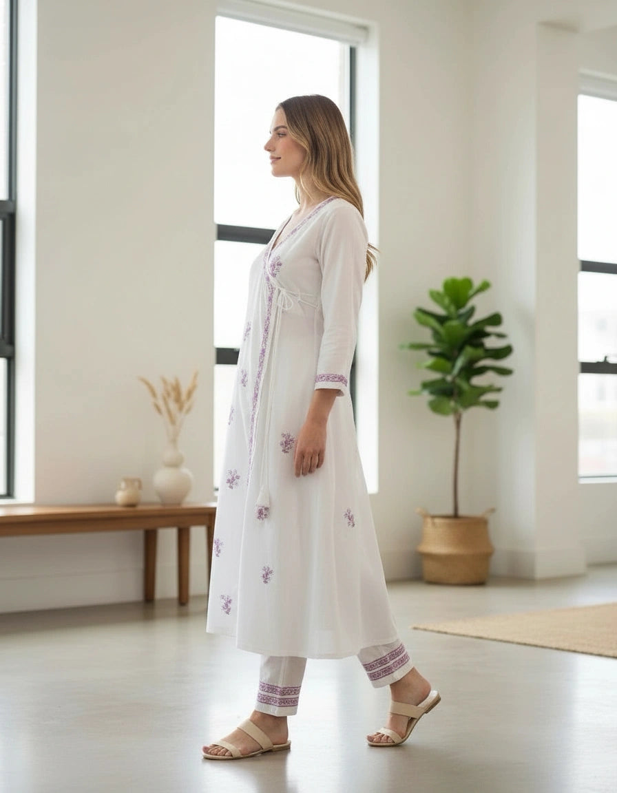 White Rayon  Chikankari Angrakha kurta With Pant Set- Custom Made