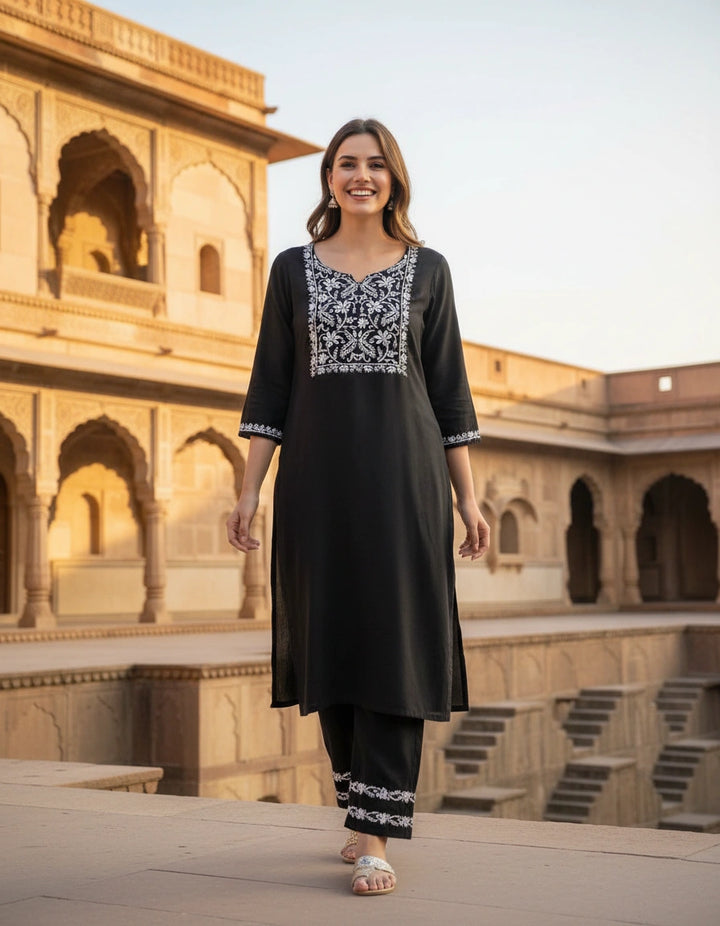 Black Rayon Chikankari Kurta With Pant Set- Custom Made