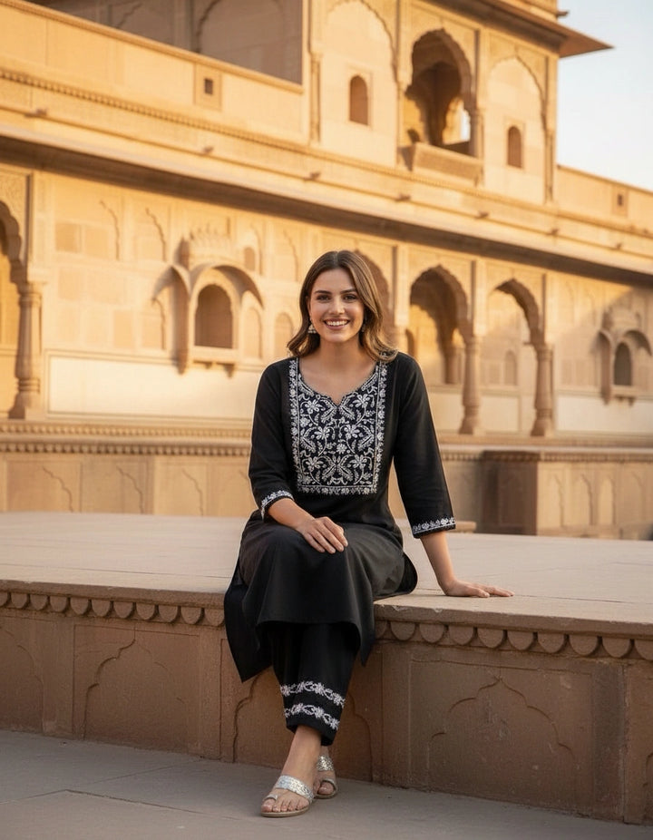 Black Rayon Chikankari Kurta With Pant Set- Custom Made