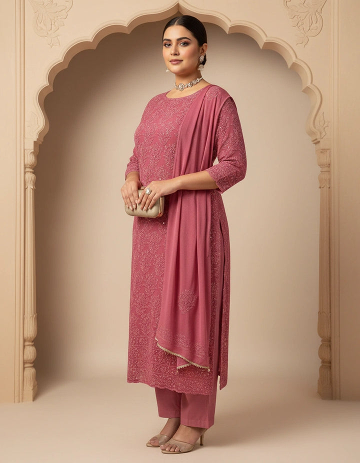 Onion Pink Pure Georgette Chikankari kurta dupatta Fabric
