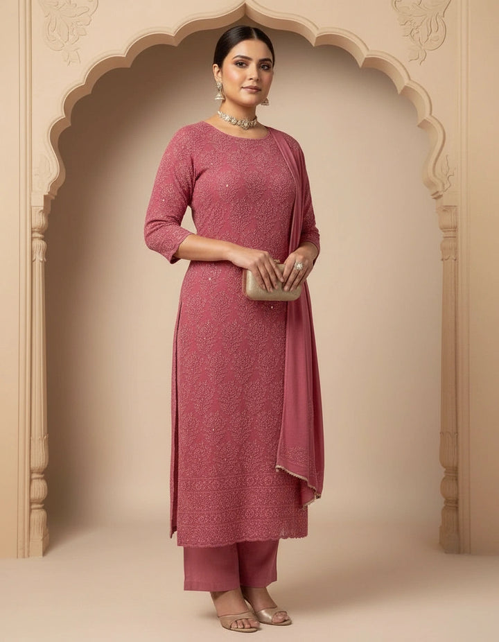 Onion Pink Pure Georgette Chikankari kurta dupatta Fabric