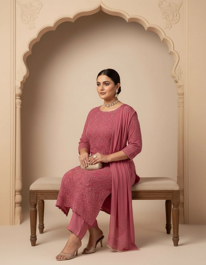 Onion Pink Pure Georgette Chikankari kurta dupatta Fabric
