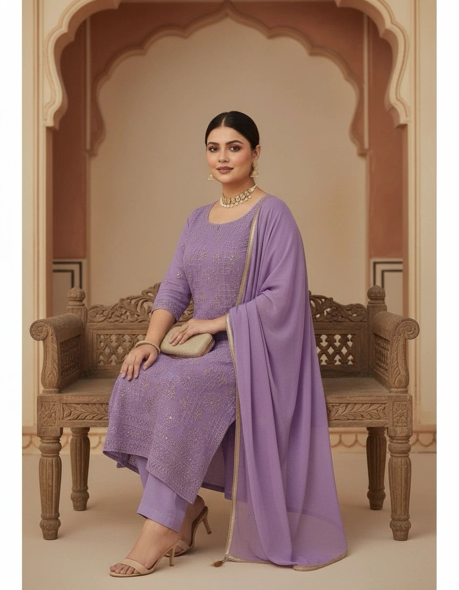 Lavender Pure Georgette Chikankari kurta dupatta Fabric