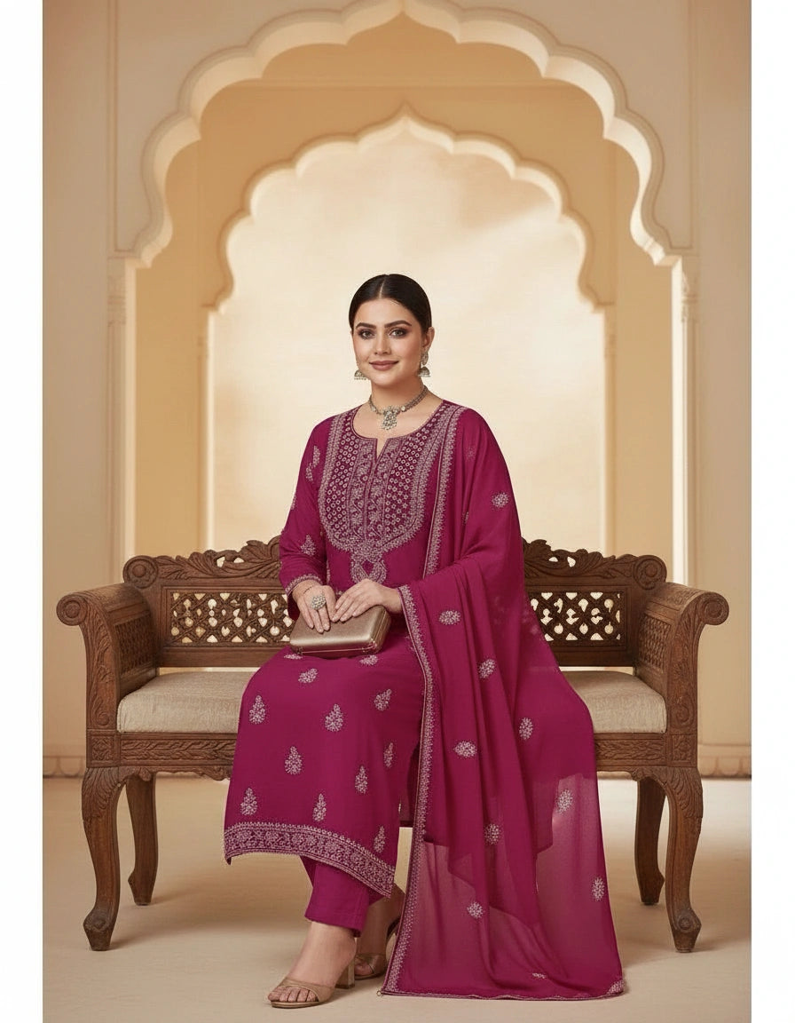Rani Pink Organza Chikankari Kurta Dupatta Fabric