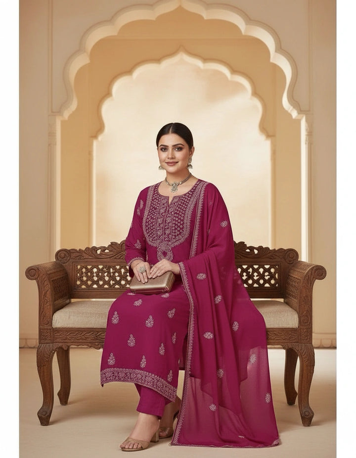 Rani Pink Organza Chikankari Kurta Dupatta Fabric